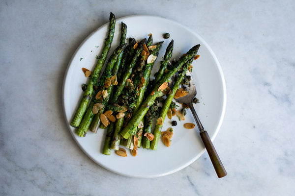 ROASTED ASPARAGUS WITH BUTTERED ALMONDS, CAPERS AND DILL